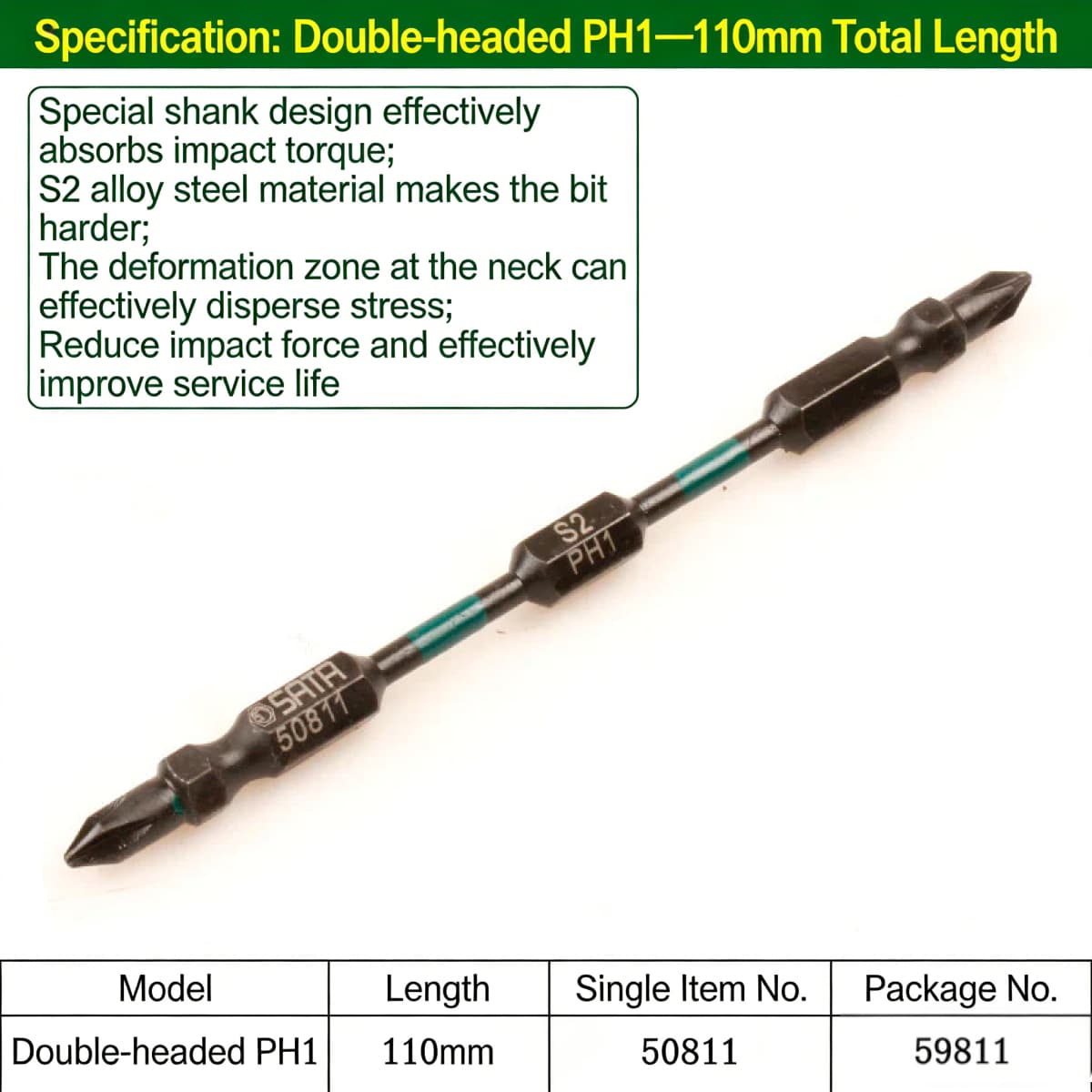 SATA 6.3mm series 110mm long impact resistant double-ended screwdriver head 