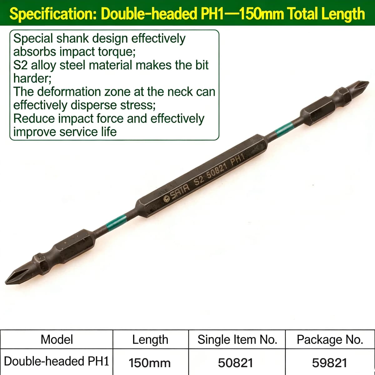 SATA 6.3mm series 150mm long impact resistant double-ended screwdriver head 